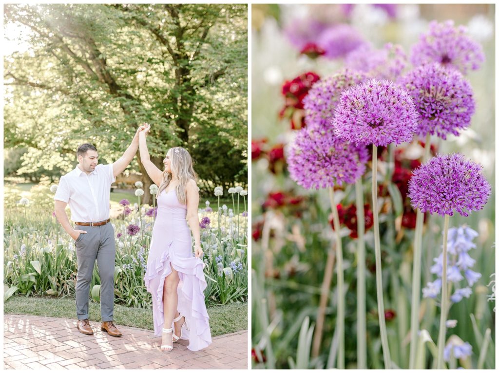 "couple twirling at Longwood Engagement Session"